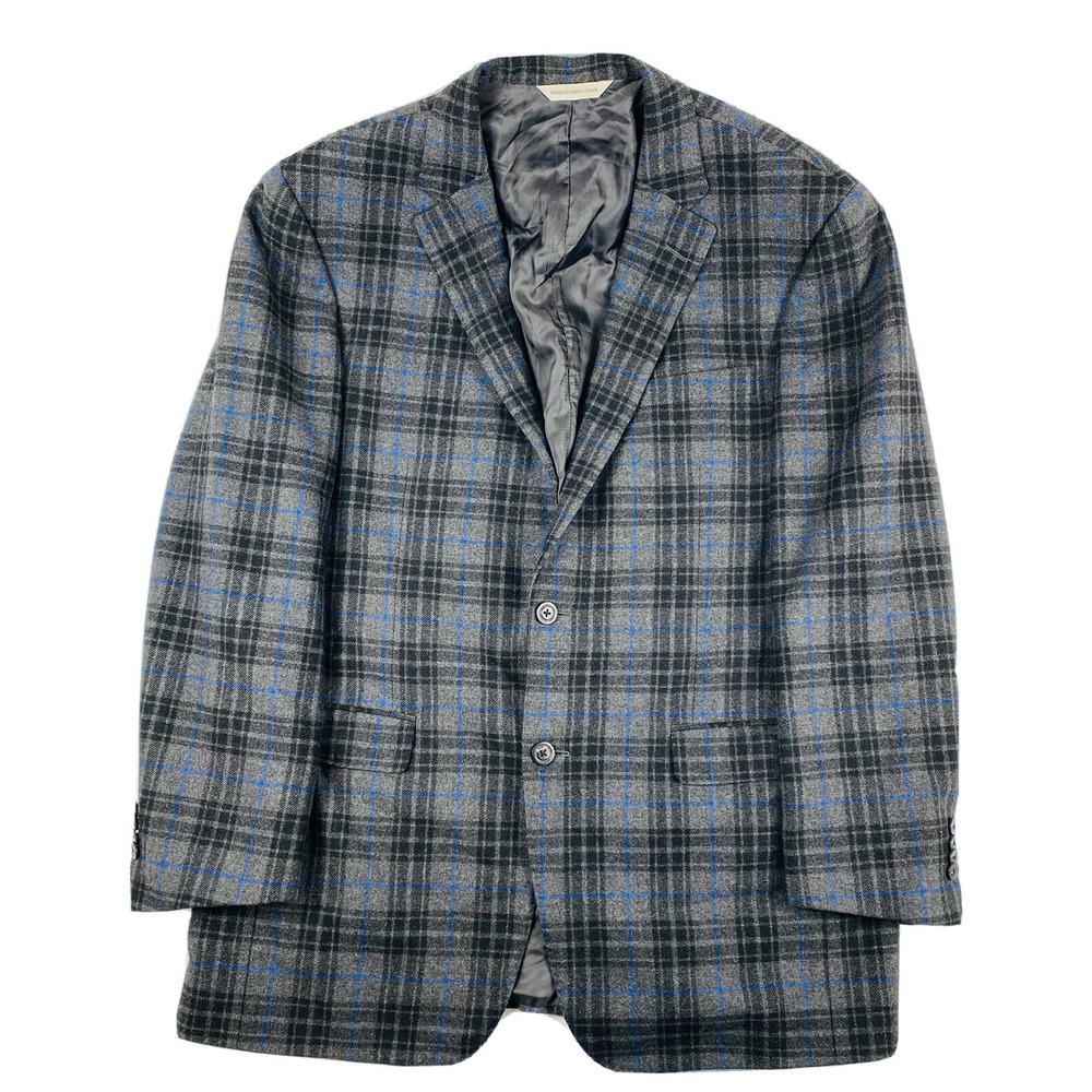 Samuelsohn Mens 45L Gray Black Blue Checked Flannel Carlo Barbera Wool Blazer